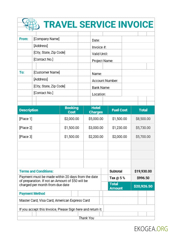 Exemple de modèle de facture de service de voyage